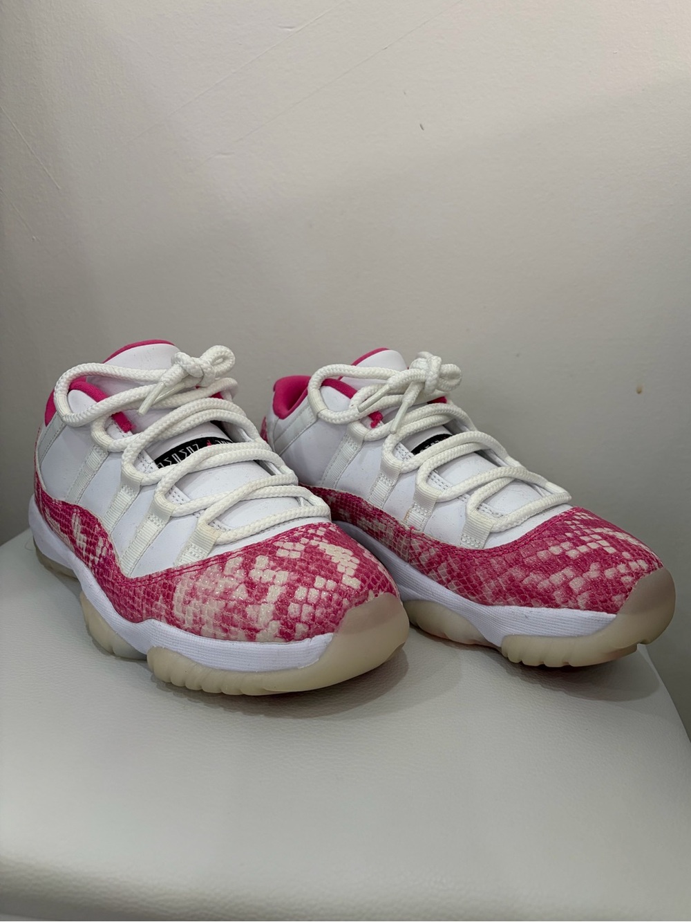 Youth size 7 pink and white snakeskin print Low-Top Jordan 11s